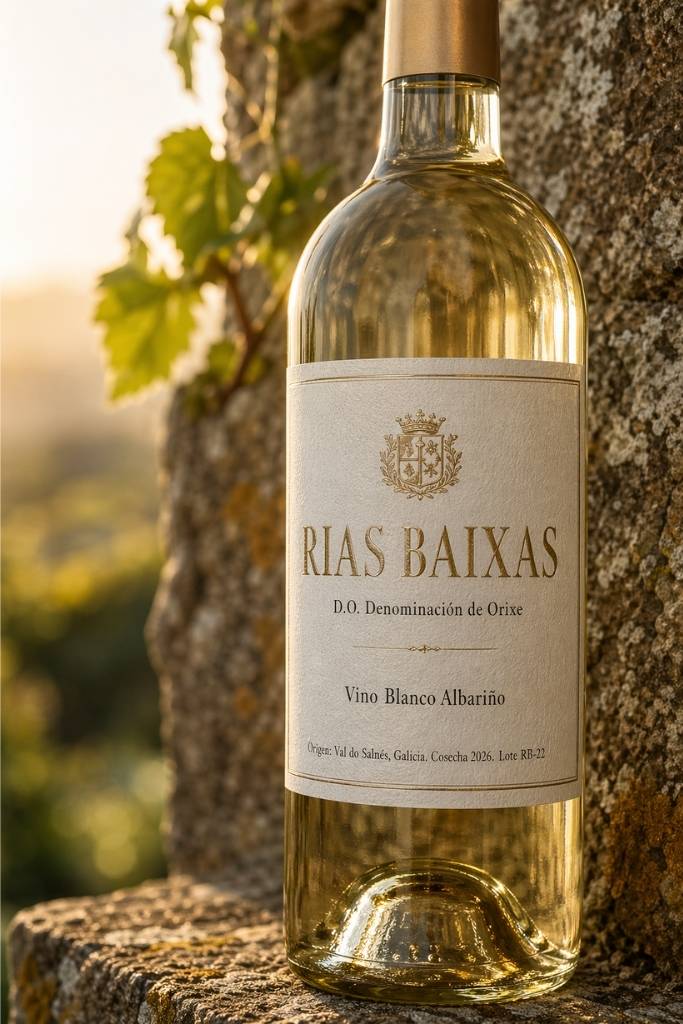 Imagen de botella de vino DO Rias Baixas generada con IA, modelo gpt image 2