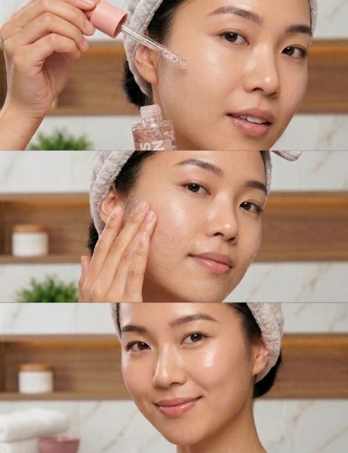 Foto de producto siguiendo una rutina facial con un serum generada con IA