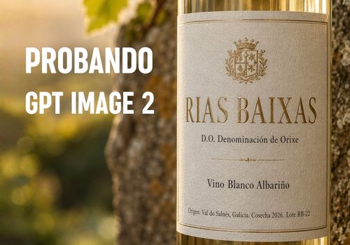 Foto de portada con el primer plano de la etiqueta de un vino blanco DO Rias Baixas generada con el modelo Ia GPT Image 2