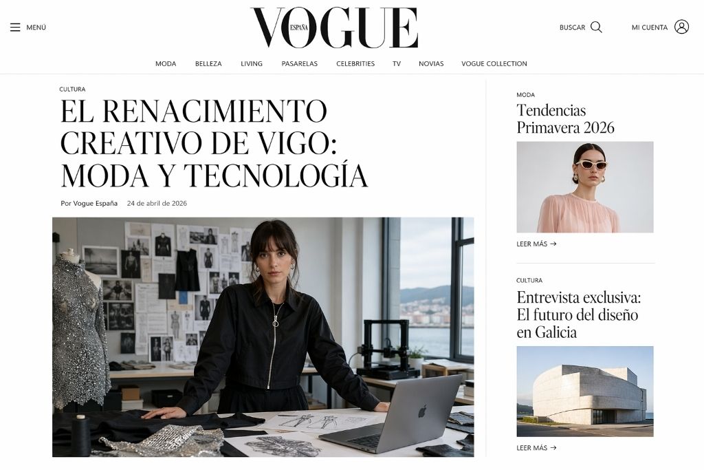 Mockup ficticio de la plataforma digital de Vogue con artículos sobre Vigo y Galicia. Generado con el modelo de IA GPT Image 2